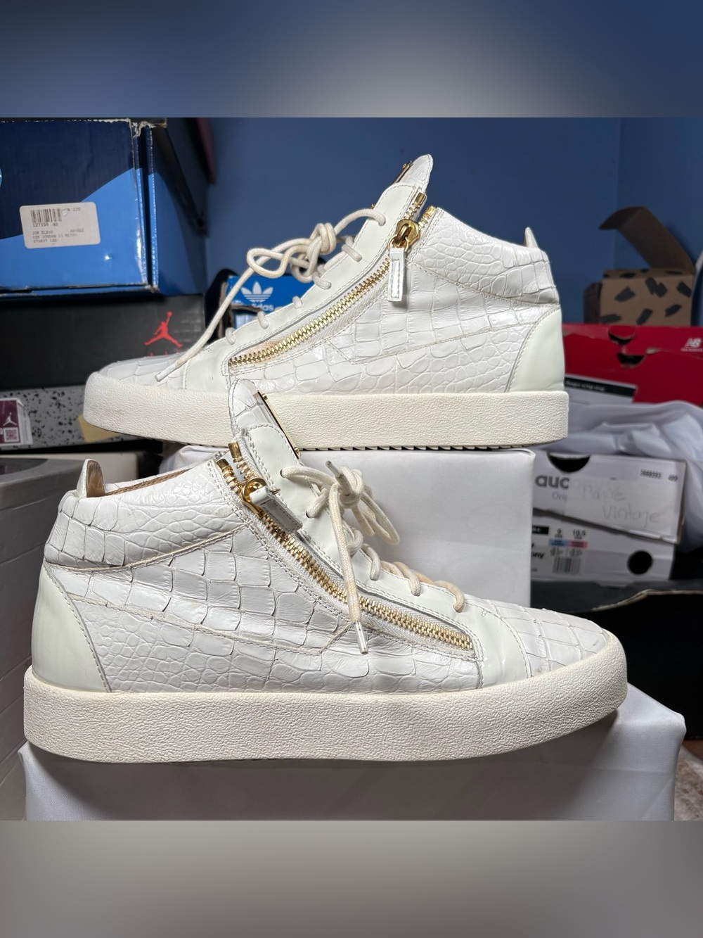 Size 44 - Giuseppe Zanotti Sneakers White Gold Zipper Leather Designer
